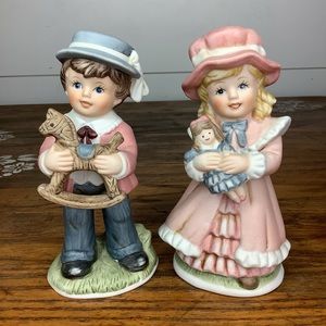 Vintage Homeco 1419 Victorian Girl W/ Doll & Boy W/ Rocking Horse 6” Tall.